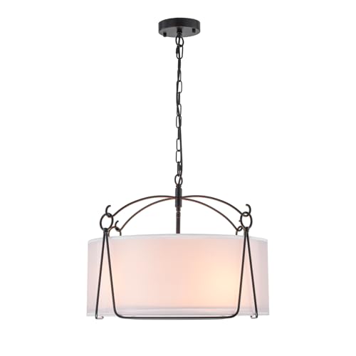 4 Light Modern Layered Fabric Dining Room Light Fixtures Over Table 20.5 Drum Chandelier for Dining room, Living room, Bedroom, Kitchen or Foyer. Black Drum Pendant Light with Adjustable Height